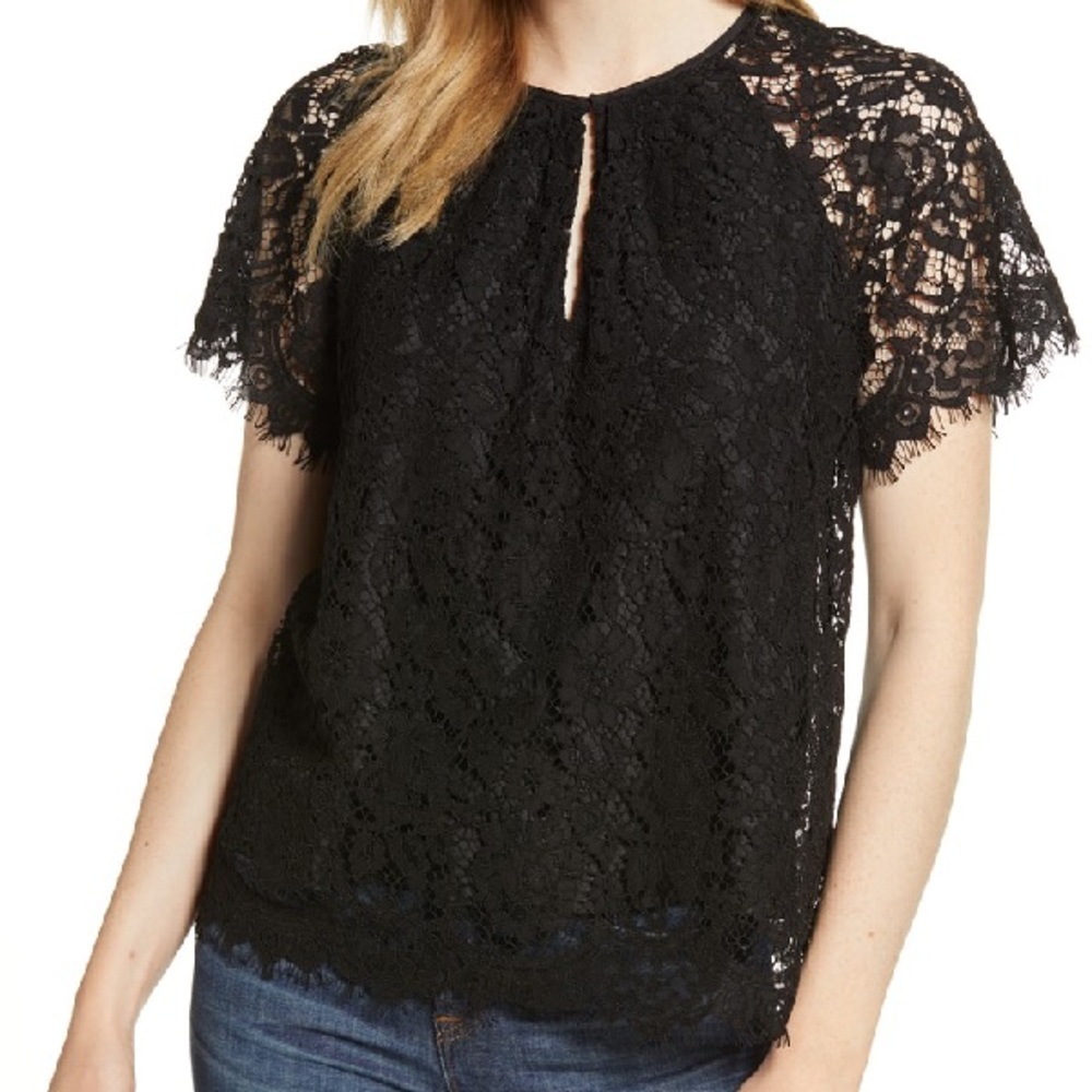 J. Crew black short sleeve lace top
